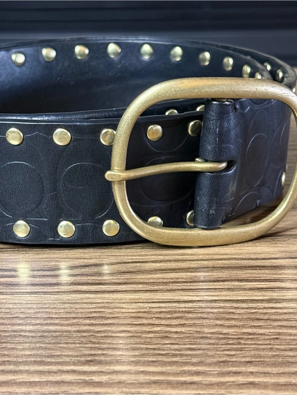 Coach Studded Black Leather Belt Brass Buckle Gold Tone Studs Size Sm 30-34”